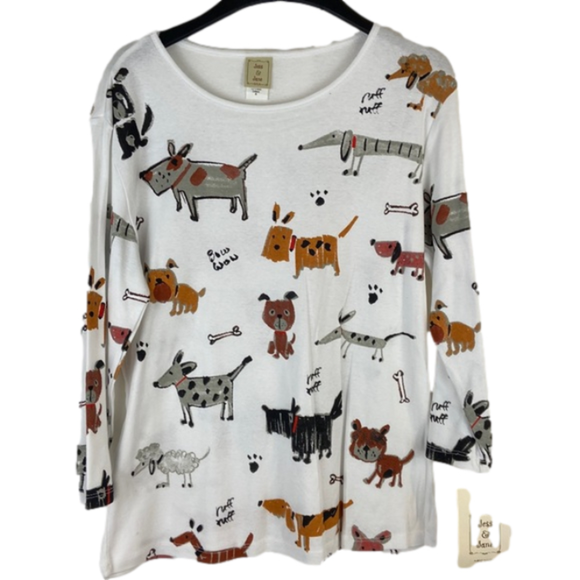 Jess & Jane Tops - NEW Jess & Jane White Dog Puppies Cotton Crewneck Top Women’s Size Large